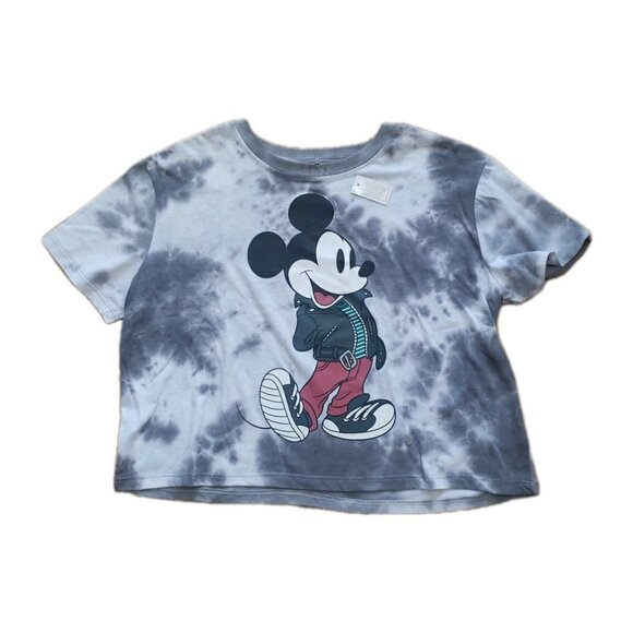 Disney Mickey Mouse Tie Dye Womans Crop Top Tee T-shirt Sz L Lightweight Grey - Picture 1 of 11